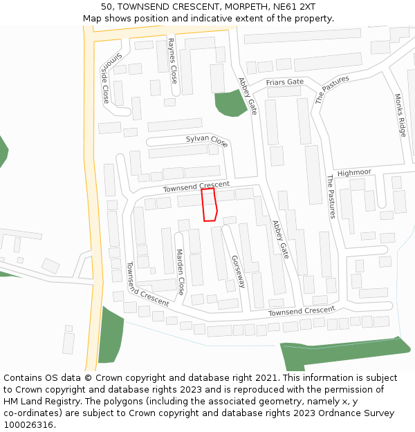 50, TOWNSEND CRESCENT, MORPETH, NE61 2XT: Location map and indicative extent of plot