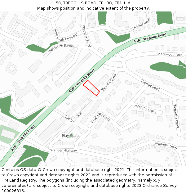 50, TREGOLLS ROAD, TRURO, TR1 1LA: Location map and indicative extent of plot