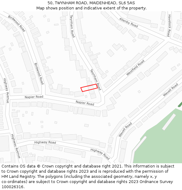 50, TWYNHAM ROAD, MAIDENHEAD, SL6 5AS: Location map and indicative extent of plot