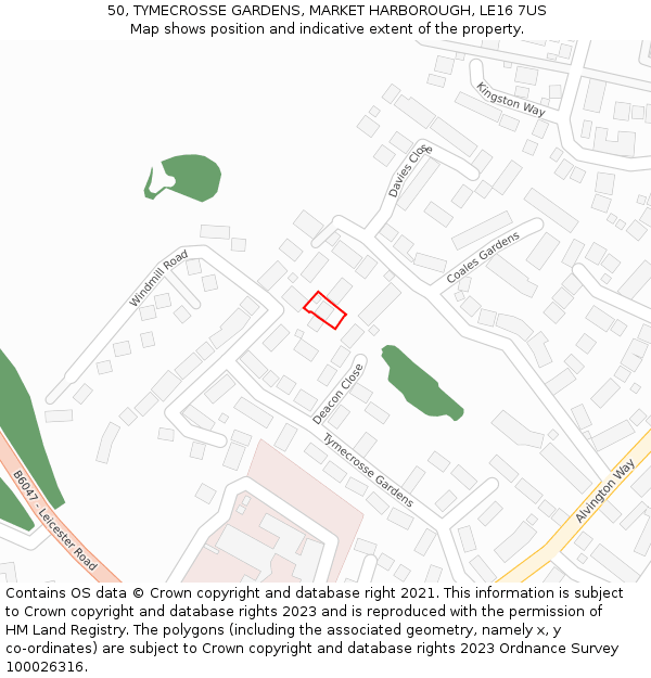 50, TYMECROSSE GARDENS, MARKET HARBOROUGH, LE16 7US: Location map and indicative extent of plot