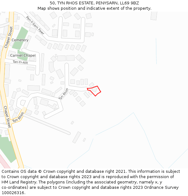 50, TYN RHOS ESTATE, PENYSARN, LL69 9BZ: Location map and indicative extent of plot