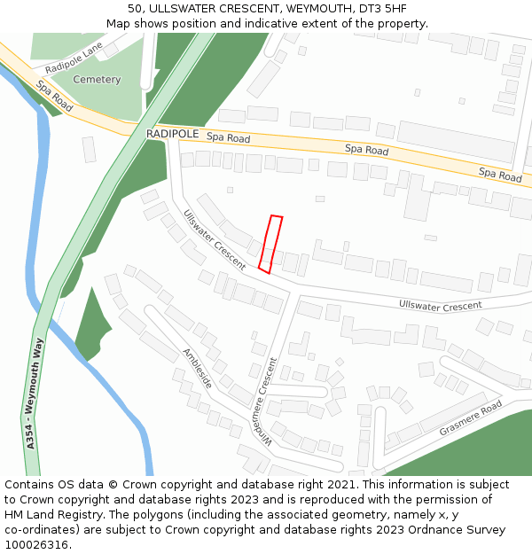 50, ULLSWATER CRESCENT, WEYMOUTH, DT3 5HF: Location map and indicative extent of plot