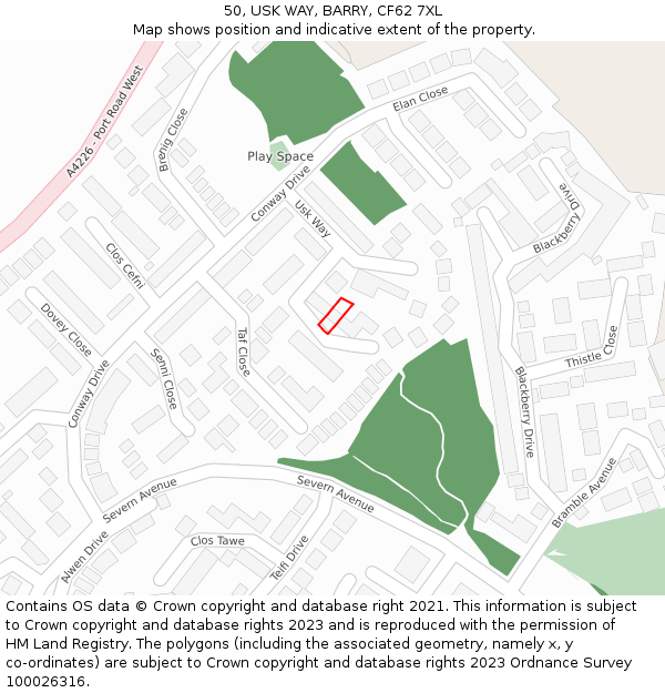 50, USK WAY, BARRY, CF62 7XL: Location map and indicative extent of plot