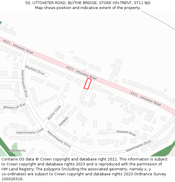 50, UTTOXETER ROAD, BLYTHE BRIDGE, STOKE-ON-TRENT, ST11 9JG: Location map and indicative extent of plot