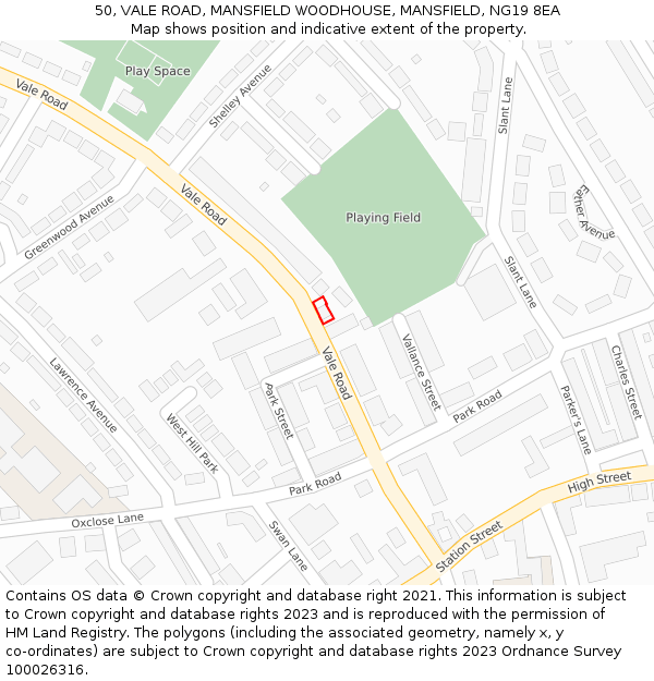 50, VALE ROAD, MANSFIELD WOODHOUSE, MANSFIELD, NG19 8EA: Location map and indicative extent of plot