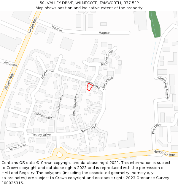 50, VALLEY DRIVE, WILNECOTE, TAMWORTH, B77 5FP: Location map and indicative extent of plot