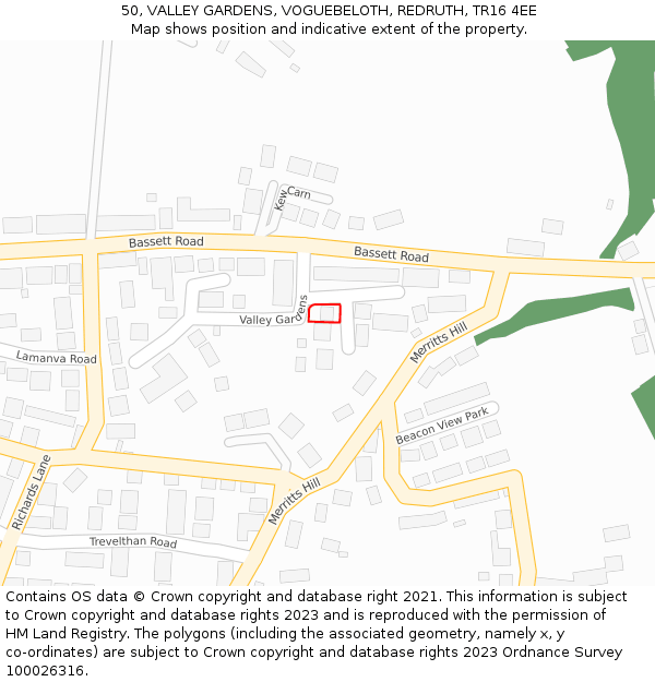 50, VALLEY GARDENS, VOGUEBELOTH, REDRUTH, TR16 4EE: Location map and indicative extent of plot