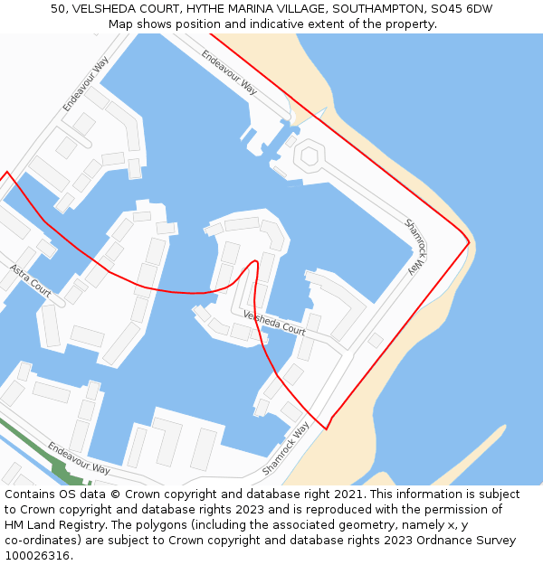 50, VELSHEDA COURT, HYTHE MARINA VILLAGE, SOUTHAMPTON, SO45 6DW: Location map and indicative extent of plot