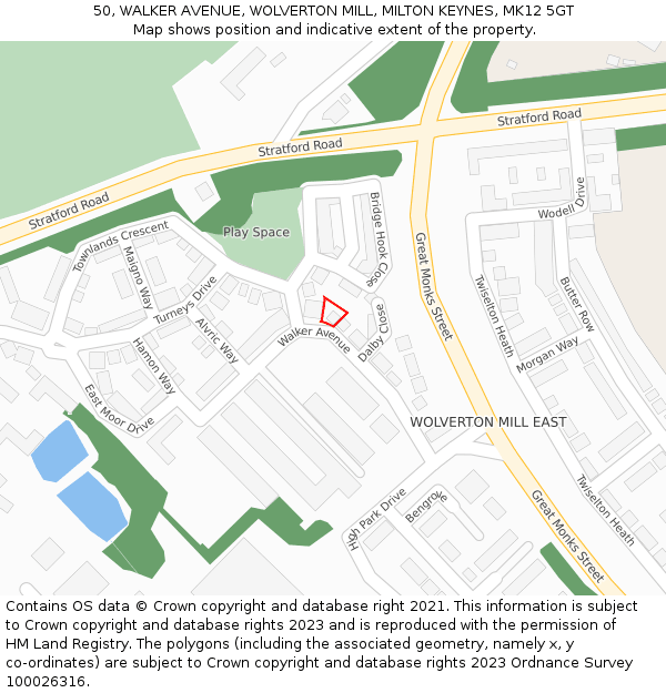 50, WALKER AVENUE, WOLVERTON MILL, MILTON KEYNES, MK12 5GT: Location map and indicative extent of plot