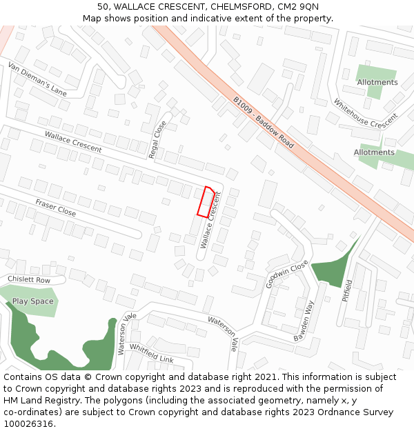 50, WALLACE CRESCENT, CHELMSFORD, CM2 9QN: Location map and indicative extent of plot