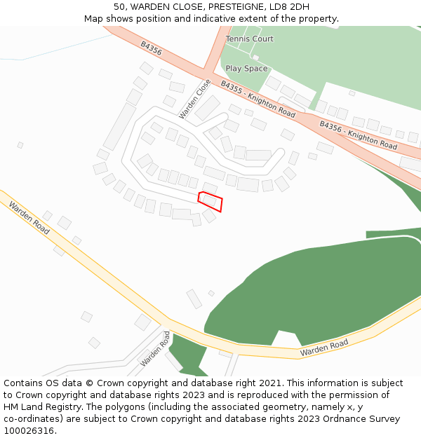 50, WARDEN CLOSE, PRESTEIGNE, LD8 2DH: Location map and indicative extent of plot