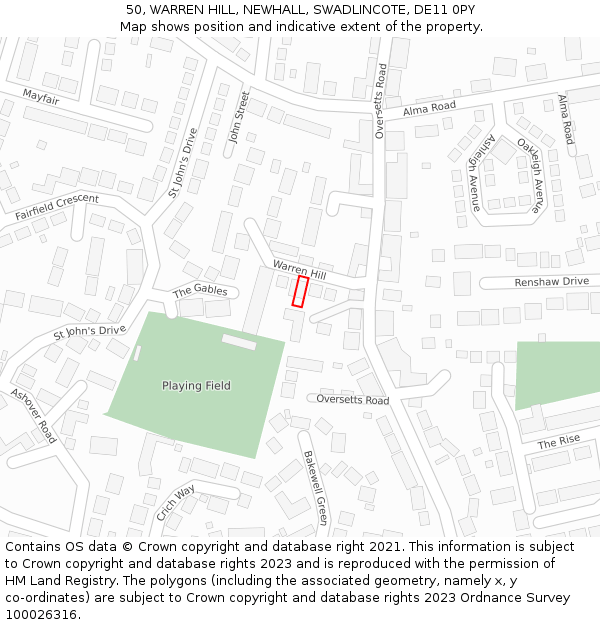 50, WARREN HILL, NEWHALL, SWADLINCOTE, DE11 0PY: Location map and indicative extent of plot