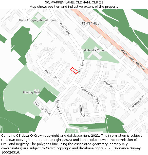 50, WARREN LANE, OLDHAM, OL8 2JE: Location map and indicative extent of plot