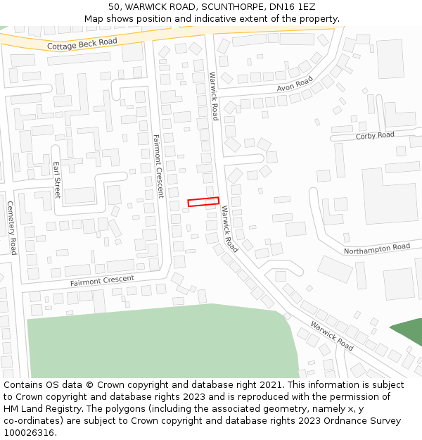 50, WARWICK ROAD, SCUNTHORPE, DN16 1EZ: Location map and indicative extent of plot