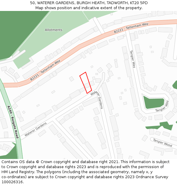 50, WATERER GARDENS, BURGH HEATH, TADWORTH, KT20 5PD: Location map and indicative extent of plot