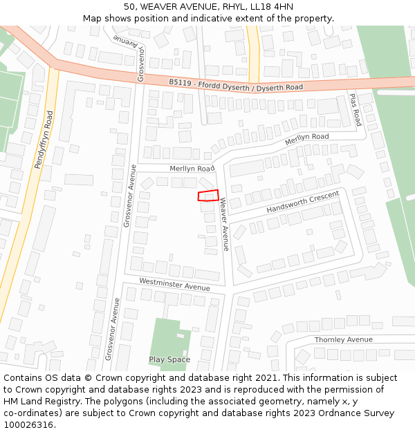 50, WEAVER AVENUE, RHYL, LL18 4HN: Location map and indicative extent of plot