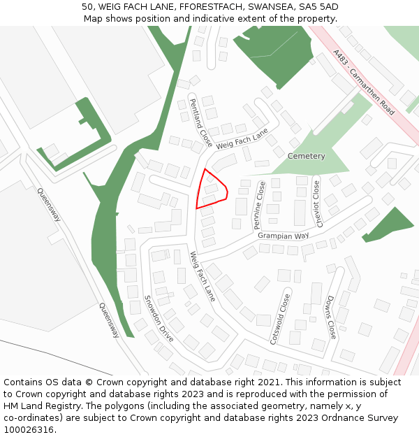 50, WEIG FACH LANE, FFORESTFACH, SWANSEA, SA5 5AD: Location map and indicative extent of plot