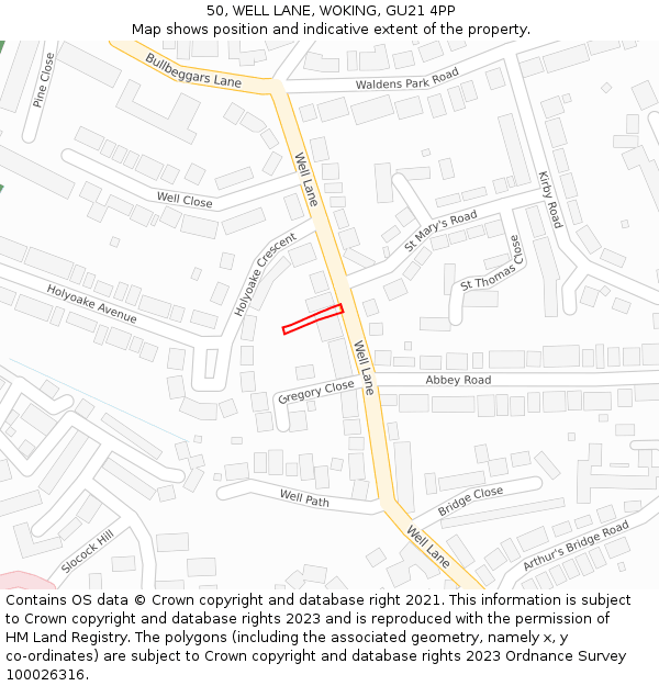 50, WELL LANE, WOKING, GU21 4PP: Location map and indicative extent of plot