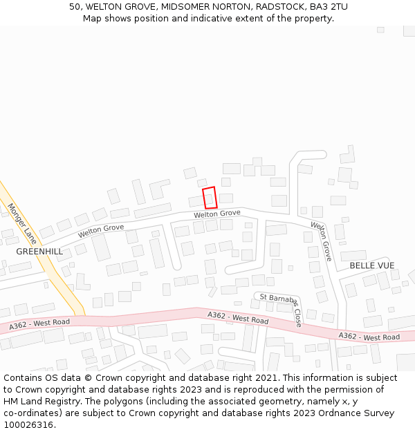 50, WELTON GROVE, MIDSOMER NORTON, RADSTOCK, BA3 2TU: Location map and indicative extent of plot