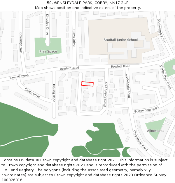 50, WENSLEYDALE PARK, CORBY, NN17 2UE: Location map and indicative extent of plot