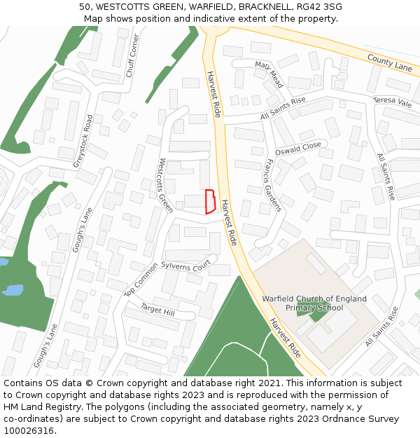 50, WESTCOTTS GREEN, WARFIELD, BRACKNELL, RG42 3SG: Location map and indicative extent of plot