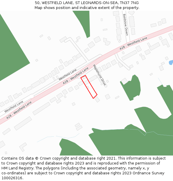 50, WESTFIELD LANE, ST LEONARDS-ON-SEA, TN37 7NG: Location map and indicative extent of plot