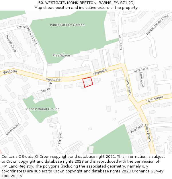 50, WESTGATE, MONK BRETTON, BARNSLEY, S71 2DJ: Location map and indicative extent of plot