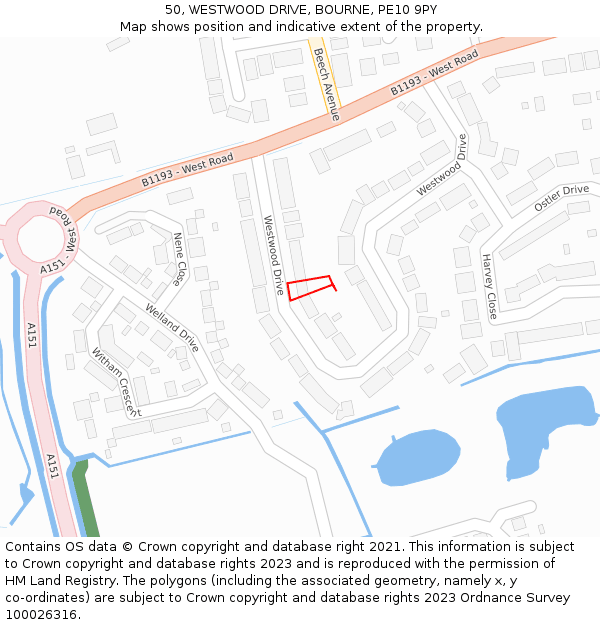 50, WESTWOOD DRIVE, BOURNE, PE10 9PY: Location map and indicative extent of plot