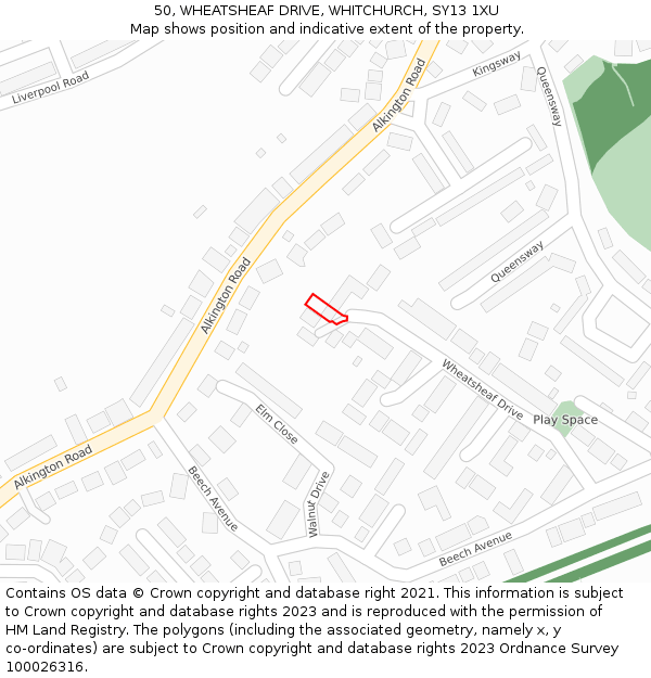 50, WHEATSHEAF DRIVE, WHITCHURCH, SY13 1XU: Location map and indicative extent of plot