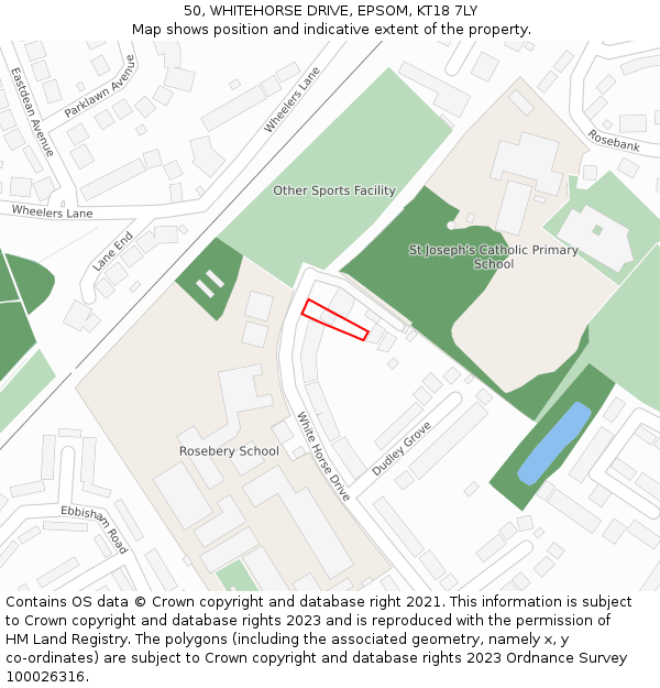 50, WHITEHORSE DRIVE, EPSOM, KT18 7LY: Location map and indicative extent of plot