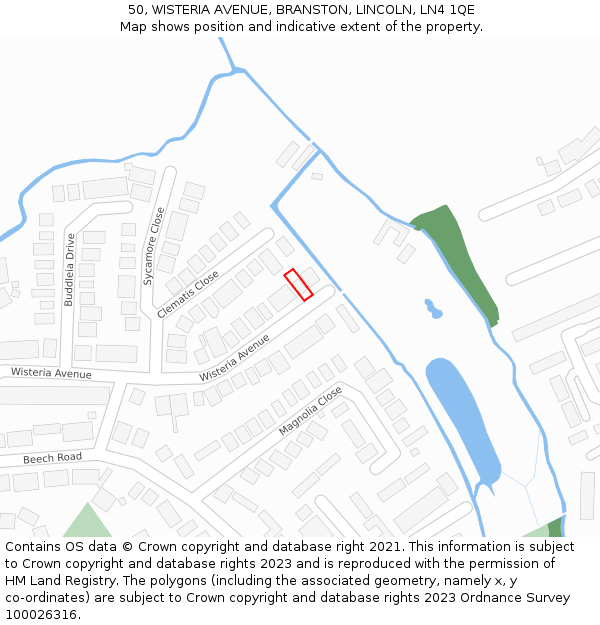 50, WISTERIA AVENUE, BRANSTON, LINCOLN, LN4 1QE: Location map and indicative extent of plot