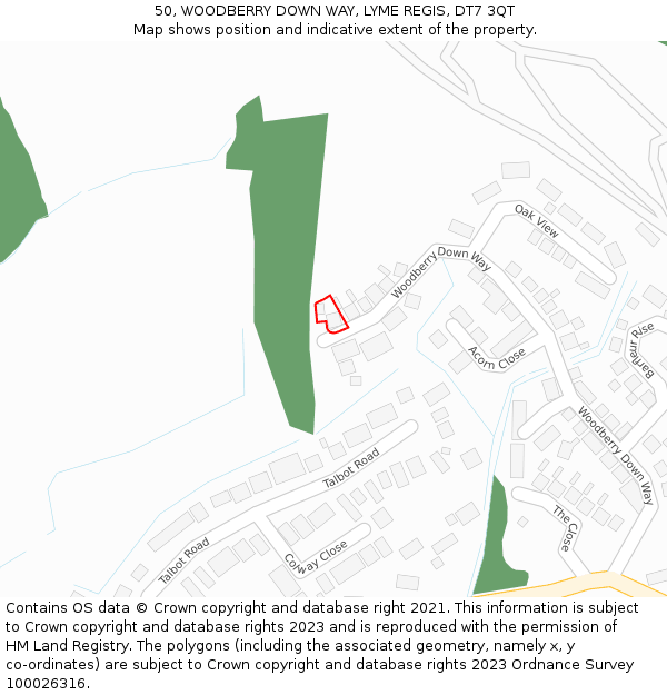50, WOODBERRY DOWN WAY, LYME REGIS, DT7 3QT: Location map and indicative extent of plot