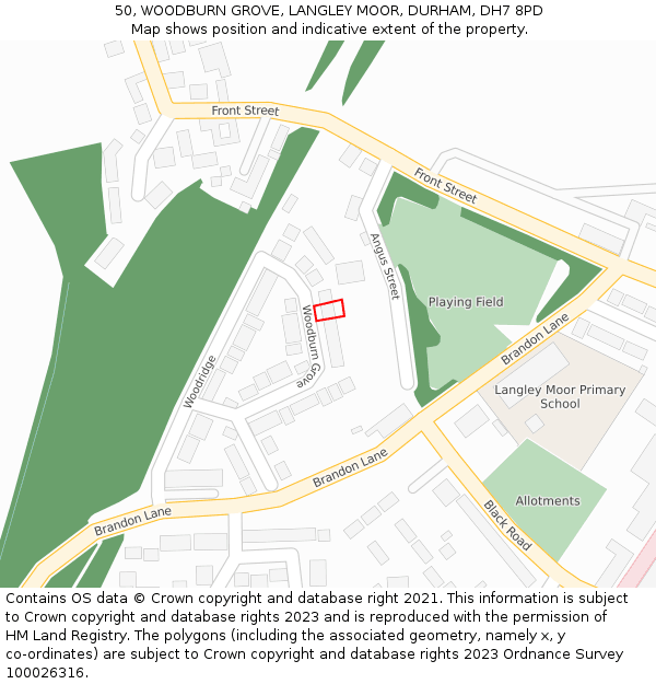 50, WOODBURN GROVE, LANGLEY MOOR, DURHAM, DH7 8PD: Location map and indicative extent of plot