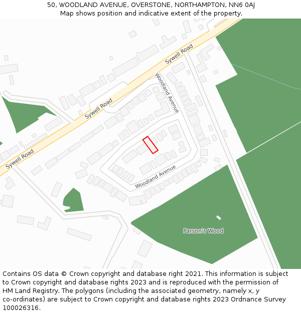 50, WOODLAND AVENUE, OVERSTONE, NORTHAMPTON, NN6 0AJ: Location map and indicative extent of plot