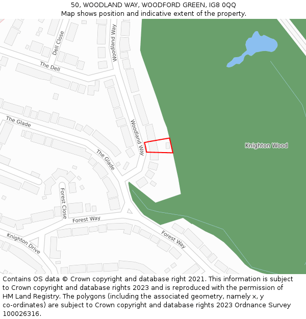 50, WOODLAND WAY, WOODFORD GREEN, IG8 0QQ: Location map and indicative extent of plot