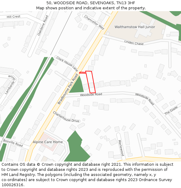 50, WOODSIDE ROAD, SEVENOAKS, TN13 3HF: Location map and indicative extent of plot