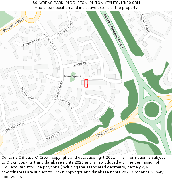 50, WRENS PARK, MIDDLETON, MILTON KEYNES, MK10 9BH: Location map and indicative extent of plot