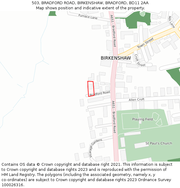 503, BRADFORD ROAD, BIRKENSHAW, BRADFORD, BD11 2AA: Location map and indicative extent of plot