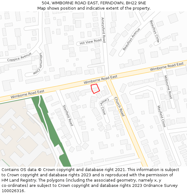 504, WIMBORNE ROAD EAST, FERNDOWN, BH22 9NE: Location map and indicative extent of plot