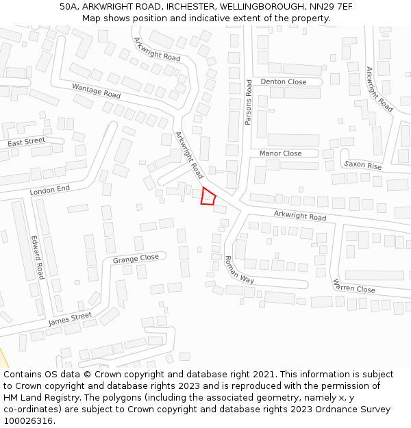 50A, ARKWRIGHT ROAD, IRCHESTER, WELLINGBOROUGH, NN29 7EF: Location map and indicative extent of plot