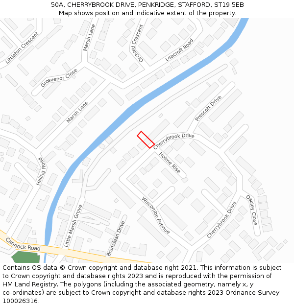 50A, CHERRYBROOK DRIVE, PENKRIDGE, STAFFORD, ST19 5EB: Location map and indicative extent of plot