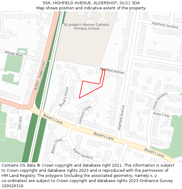 50A, HIGHFIELD AVENUE, ALDERSHOT, GU11 3DA: Location map and indicative extent of plot