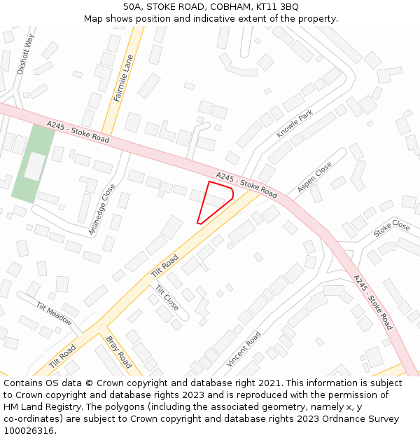 50A, STOKE ROAD, COBHAM, KT11 3BQ: Location map and indicative extent of plot