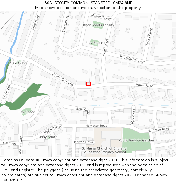 50A, STONEY COMMON, STANSTED, CM24 8NF: Location map and indicative extent of plot