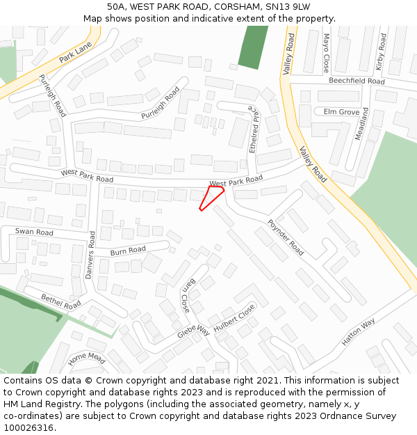 50A, WEST PARK ROAD, CORSHAM, SN13 9LW: Location map and indicative extent of plot