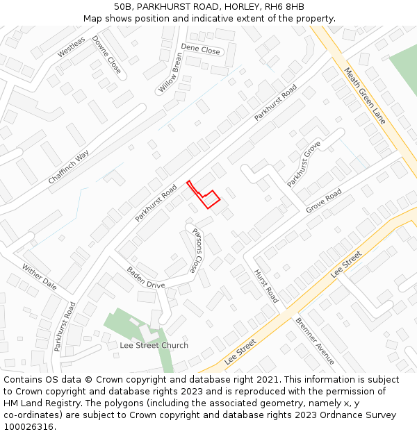 50B, PARKHURST ROAD, HORLEY, RH6 8HB: Location map and indicative extent of plot