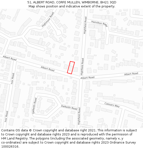 51, ALBERT ROAD, CORFE MULLEN, WIMBORNE, BH21 3QD: Location map and indicative extent of plot