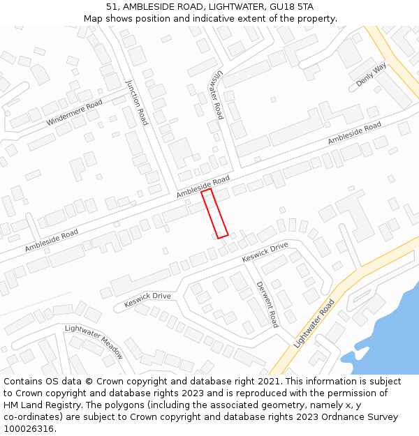 51, AMBLESIDE ROAD, LIGHTWATER, GU18 5TA: Location map and indicative extent of plot