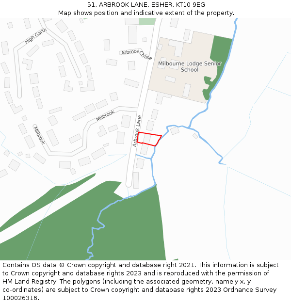 51, ARBROOK LANE, ESHER, KT10 9EG: Location map and indicative extent of plot