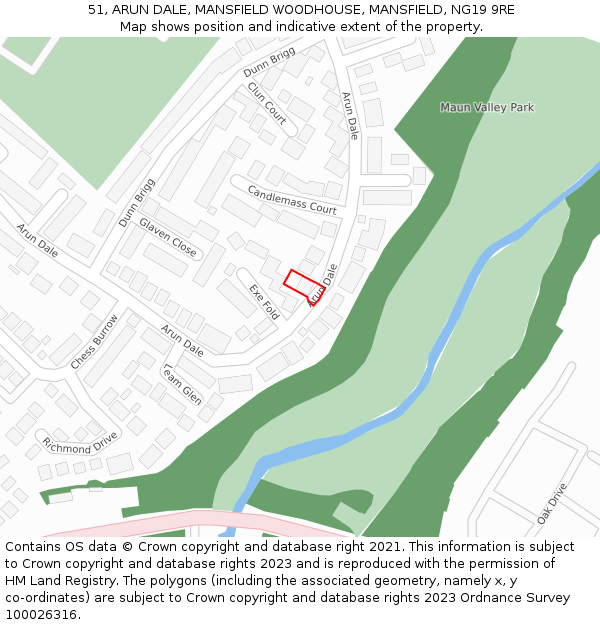 51, ARUN DALE, MANSFIELD WOODHOUSE, MANSFIELD, NG19 9RE: Location map and indicative extent of plot